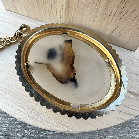 Vintage Dendritic Agate Cameo Stone Gold Tone Pendant Necklace Oval Large - Picture 4 of 5